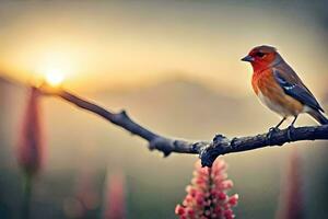 a red bird sits on a branch in front of a sunset. AI-Generated photo