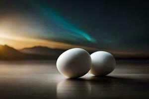 two eggs are sitting on a table with a sunset in the background. AI-Generated photo