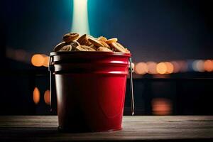 a bucket of popcorn on a table with a blurry background. AI-Generated photo