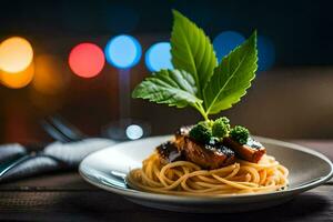spaghetti with meat and broccoli on a plate. AI-Generated photo