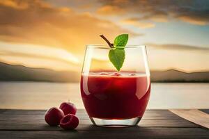 un vaso de rojo jugo con cerezas en un mesa. generado por ai foto