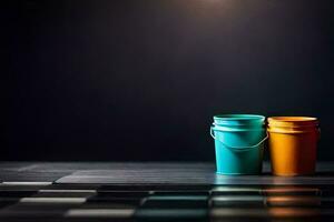 two colorful buckets on a dark background. AI-Generated photo