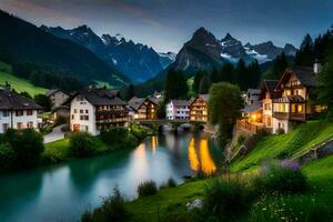 photo wallpaper mountains, river, the night, the village, switzerland, the alps,. AI-Generated