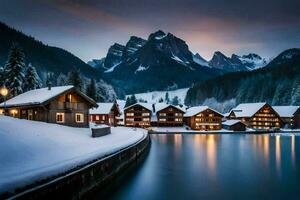 foto fondo de pantalla el cielo, montañas, lago, nieve, casas, el noche, invierno, el. generado por ai