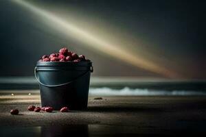 a bucket of raspberries on the beach. AI-Generated photo