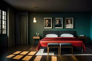 a bedroom with a red bed and black furniture. AI-Generated photo