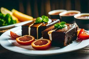 two pieces of cake on a plate with a glass of juice. AI-Generated photo