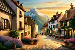 a painting of a street in a village with flowers. AI-Generated photo