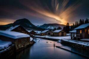 un río carreras mediante un Nevado pueblo a noche. generado por ai foto