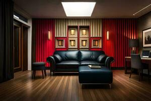 a living room with red walls and wooden floors. AI-Generated photo