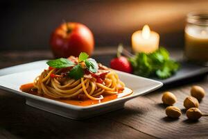 espaguetis con tomate salsa y nueces en un lámina. generado por ai foto
