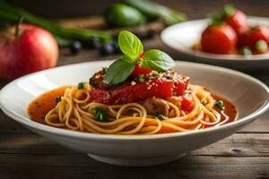 spaghetti with tomatoes and basil on a wooden table. AI-Generated photo