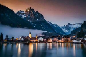 a town in the mountains at dusk with mountains in the background. AI-Generated photo