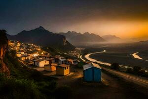 un puesta de sol terminado un pueblo y montañas. generado por ai foto