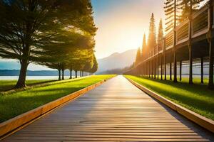 a wooden walkway leads to a lake and mountains. AI-Generated photo