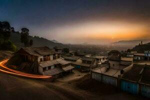 a long exposure photograph of a village at sunset. AI-Generated photo