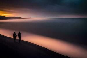 dos personas caminar a lo largo el playa a puesta de sol. generado por ai foto