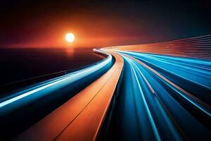 a long exposure photograph of a highway at sunset. AI-Generated photo