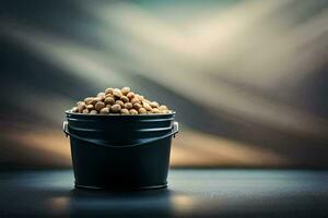 a bucket filled with peanuts on a table. AI-Generated photo