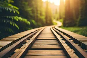 a railroad track in the woods with the sun shining. AI-Generated photo