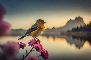 a bird sits on a flower in front of a lake. AI-Generated photo