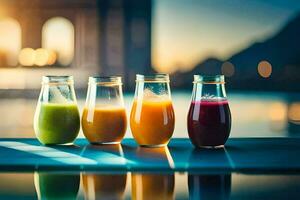 four different juices in glass bottles on a table. AI-Generated photo