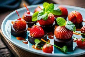 un plato con fresas y chocolate. generado por ai foto