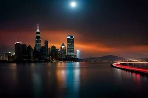 el ciudad horizonte a noche con un lleno Luna. generado por ai foto