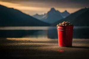 a red bucket of peanuts on the shore of a lake. AI-Generated photo