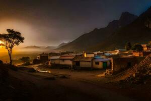 el Dom conjuntos terminado un pueblo en el montañas. generado por ai foto