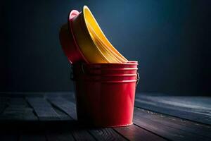 a red bucket with yellow lids sitting on a wooden table. AI-Generated photo