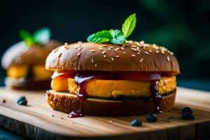 two hamburgers with blueberry sauce on a wooden cutting board. AI-Generated photo