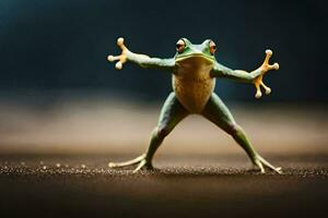 un rana es en pie en sus posterior piernas con sus brazos extendido. generado por ai foto