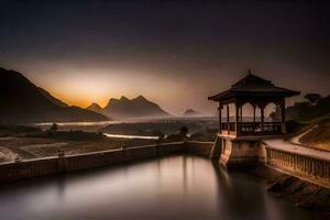 a gazebo sits in the middle of a lake at sunset. AI-Generated photo