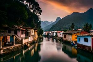 a river in the mountains with houses along it. AI-Generated photo