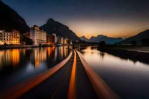 a river in the mountains at dusk with buildings in the background. AI-Generated photo