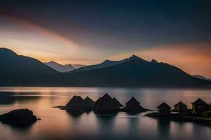 el amanecer terminado lago en el montañas. generado por ai foto