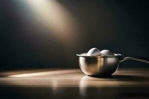 two eggs in a metal bowl on a table. AI-Generated photo