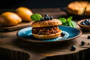 a bbq pulled pork sandwich on a blue plate. AI-Generated photo