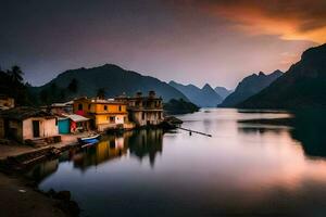 un pueblo se sienta en el apuntalar de un lago a puesta de sol. generado por ai foto