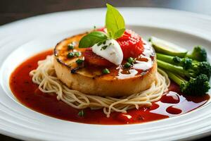 a plate with a scallop and sauce on it. AI-Generated photo