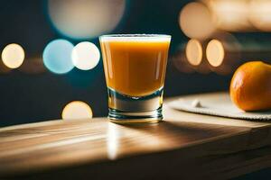 an orange juice glass sits on a table with a napkin. AI-Generated photo