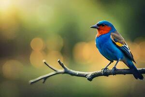 a colorful bird sits on a branch in front of a blurry background. AI-Generated photo