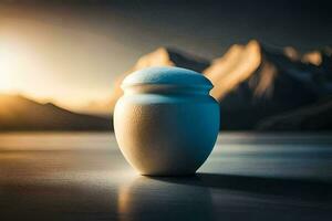 a white urn sitting on a table in front of a mountain. AI-Generated photo