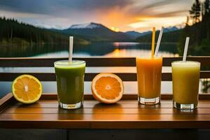 Tres lentes de jugo con naranjas y limones en un mesa. generado por ai foto