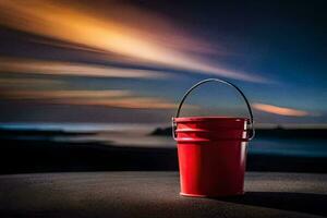 a red bucket sitting on the ground at night. AI-Generated photo