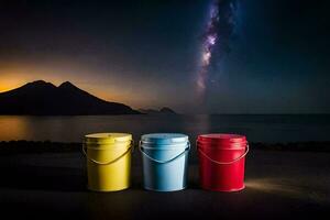 three buckets sit on the ground in front of a lake. AI-Generated photo