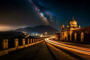 the night sky over the mosque and mountains. AI-Generated photo
