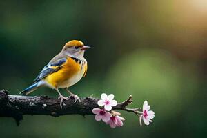 a bird sits on a branch with flowers. AI-Generated photo