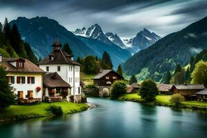 photo wallpaper mountains, river, house, the house, the mountains, river, the house,. AI-Generated